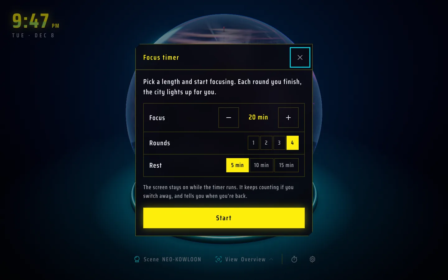 The focus timer panel: focus length, rounds and break length